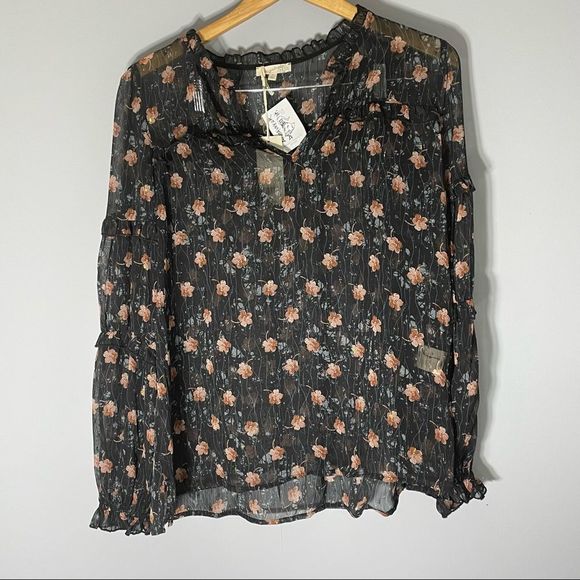 MYSTREE Floral Pullover Sheet Bell Sleeves V Neck Flowy Boho Sz M Style19545 NWT